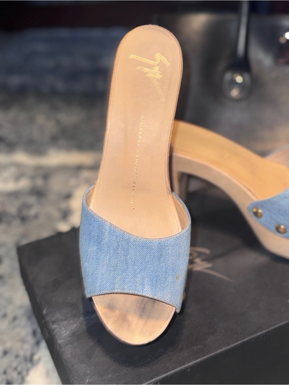 Giuseppe Zanotti Light Blue Denim Studded Wood-Heel Mules chipped by the front - Picture 4 of 4